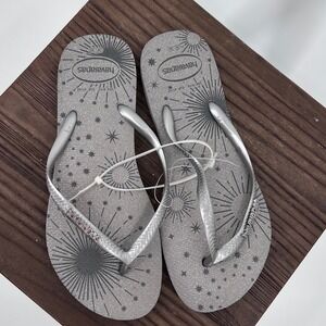 Havaianas Slim Sparkle Silver Grey Star Celestial Flip Flops Womens 9/10